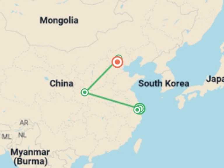 Map of East Asia Art and architecture Tour with 5 destination visits for the trip: China Highlights