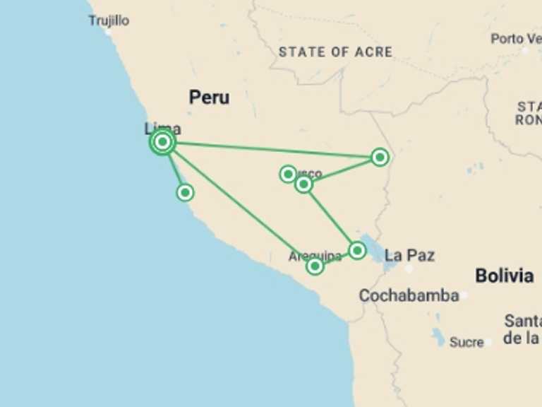 Map itinerary of Lima Tour in July 2027 with 7 destination visits for the trip: Peru Overview