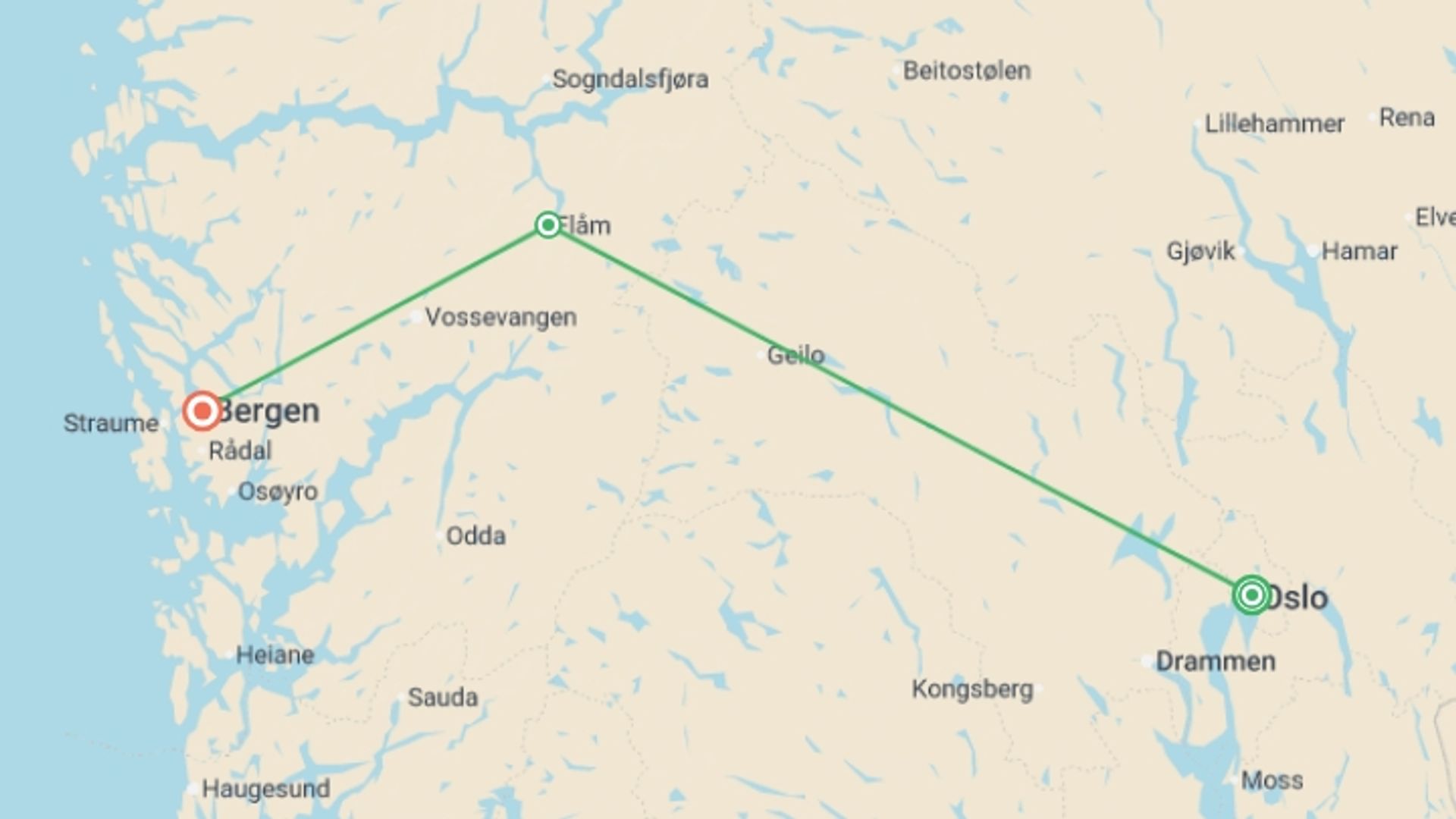 A map showing the tour itinerary for the trip: Vision of the Fjords - 7 days, starting in Oslo, Norway and ending in Bergen, Norway going through 1 other destinations.