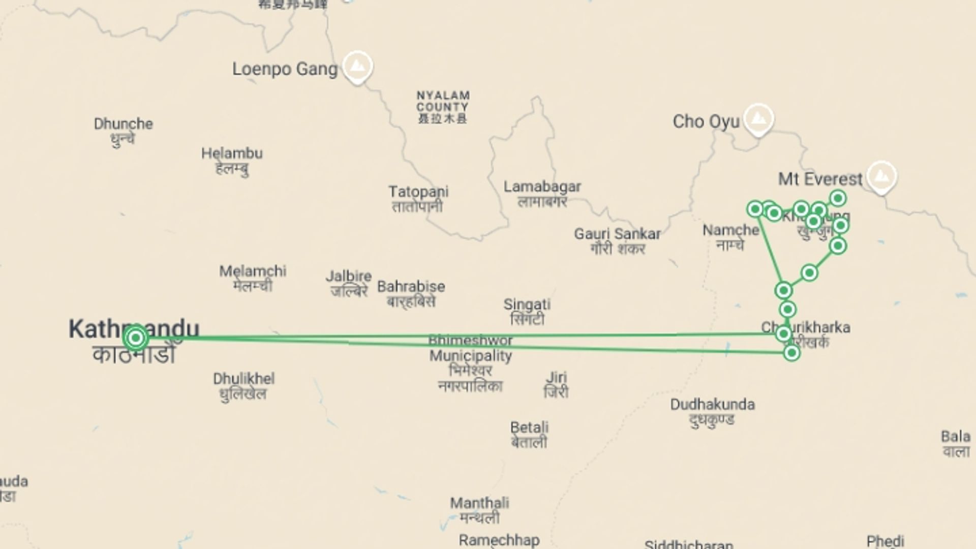 A map showing the tour itinerary for the trip: Everest High Passes in Comfort, starting in Kathmandu, Nepal and ending in Kathmandu, Nepal going through 15 other destinations.