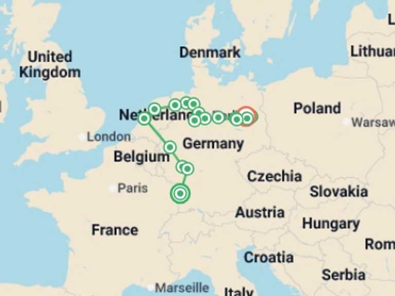 Map of Europe Tour with 14 destination visits for the trip: From Strasbourg to Berlin along the Rhine (port-to-port cruise)