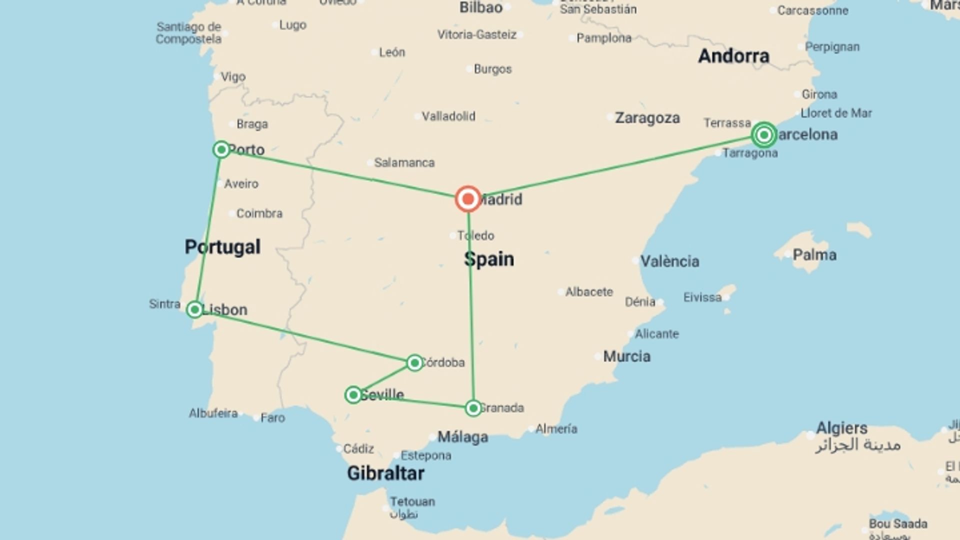 A map showing the tour itinerary for the trip: Iberian Escape: Spain & Portugal Small Group Tour, starting in Barcelona, Spain and ending in Madrid, Spain going through 5 other destinations.