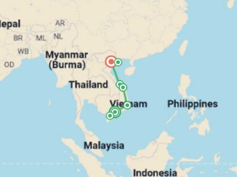 Map of Hue Cultural, religious and historic sites Tour with 7 destination visits for the trip: Classic Vietnam