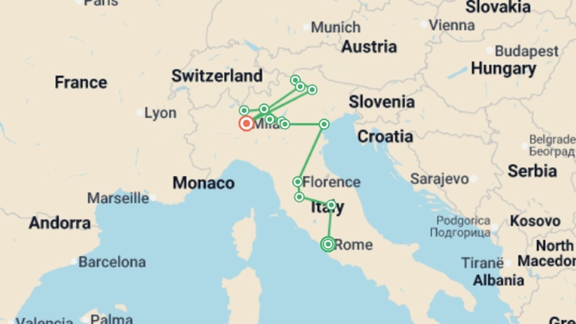 A map showing the tour itinerary for the trip: Italy’s Grand Tour, starting in Rome, Italy and ending in Milan, Italy going through 6 other destinations.