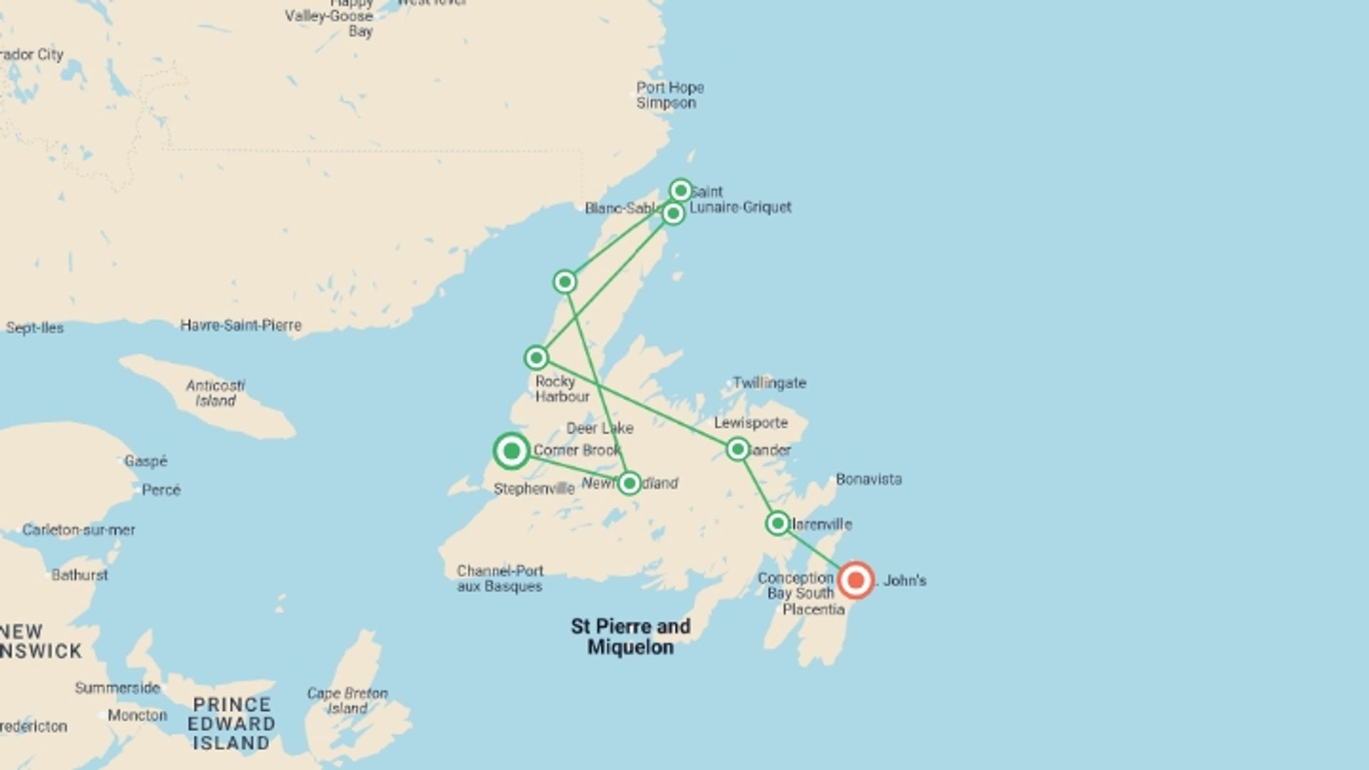 A map showing the tour itinerary for the trip: Newfoundland Explorer - 12 days, starting in Corner Brook, Canada and ending in St. John's, Canada going through 8 other destinations.