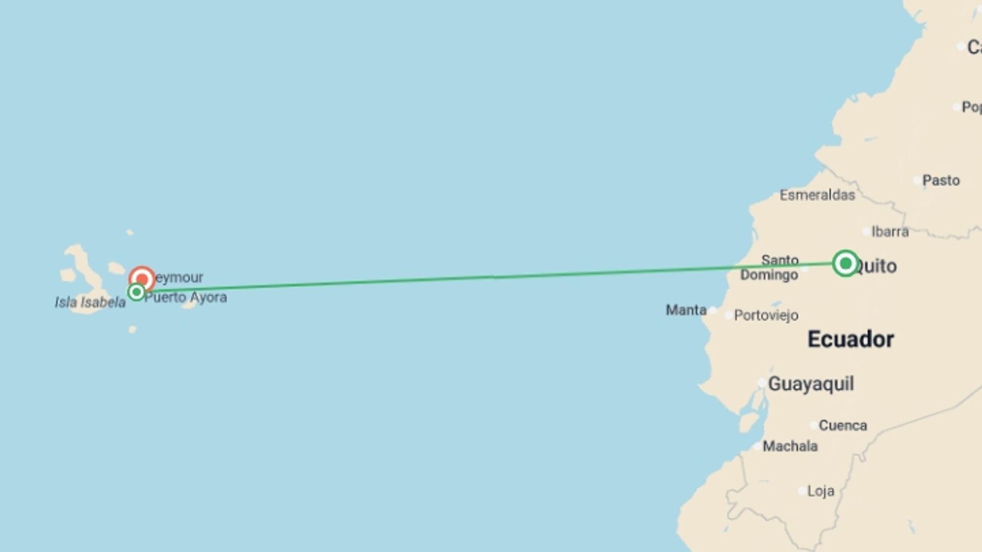 A map showing the tour itinerary for the trip: 4 Days Wildlife & Wonders Of Galapagos, starting in Quito, Ecuador and ending in Baltra Island, Ecuador going through 2 other destinations.