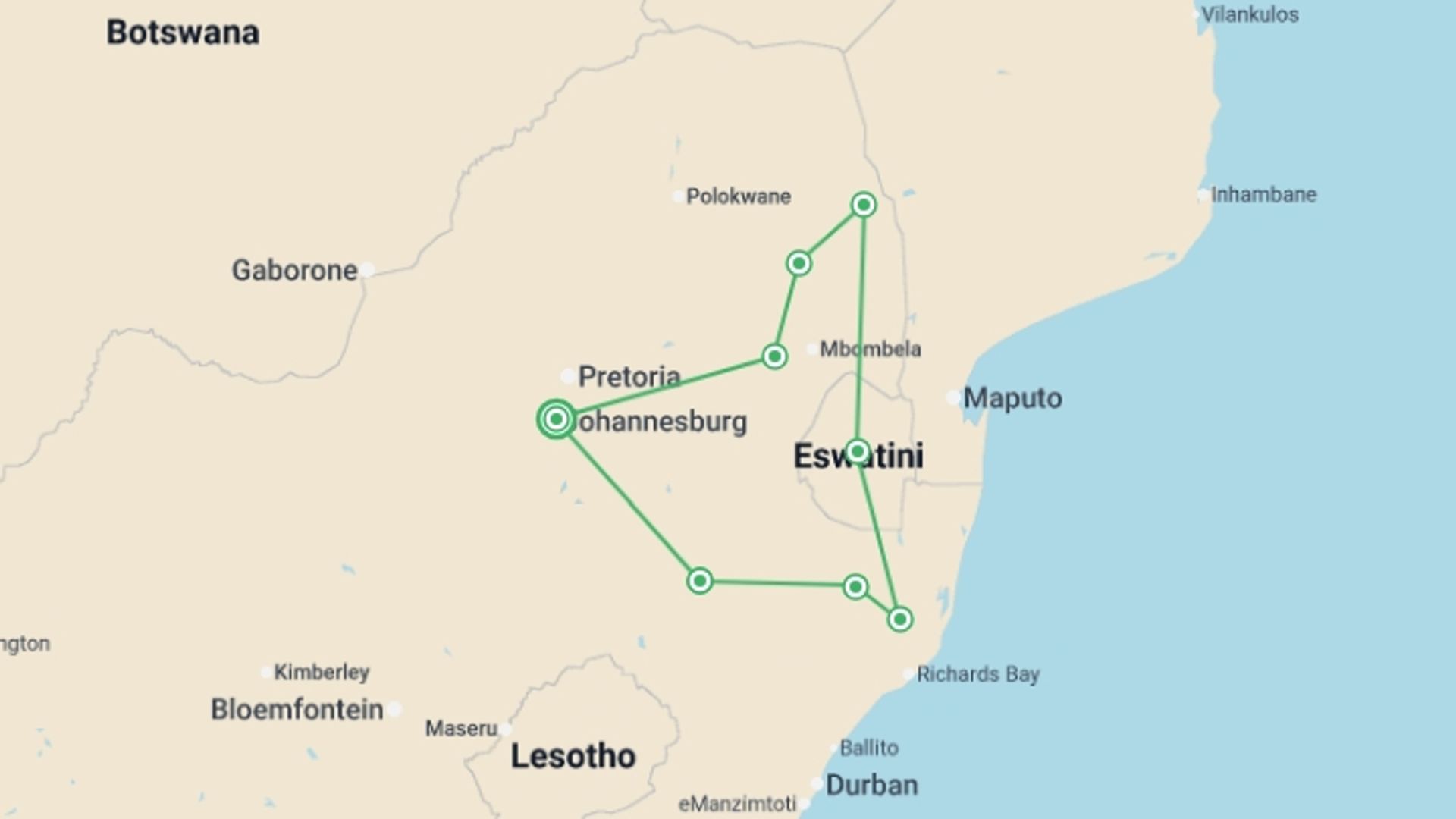 A map showing the tour itinerary for the trip: South Africa Walking Adventure, starting in Johannesburg, South Africa and ending in Johannesburg, South Africa going through 8 other destinations.