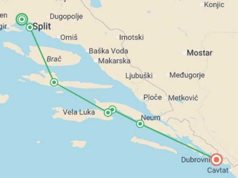 Map of a Active and outdoor Tour with 5 destination visits for the trip: Cycle the Dalmatian Coast