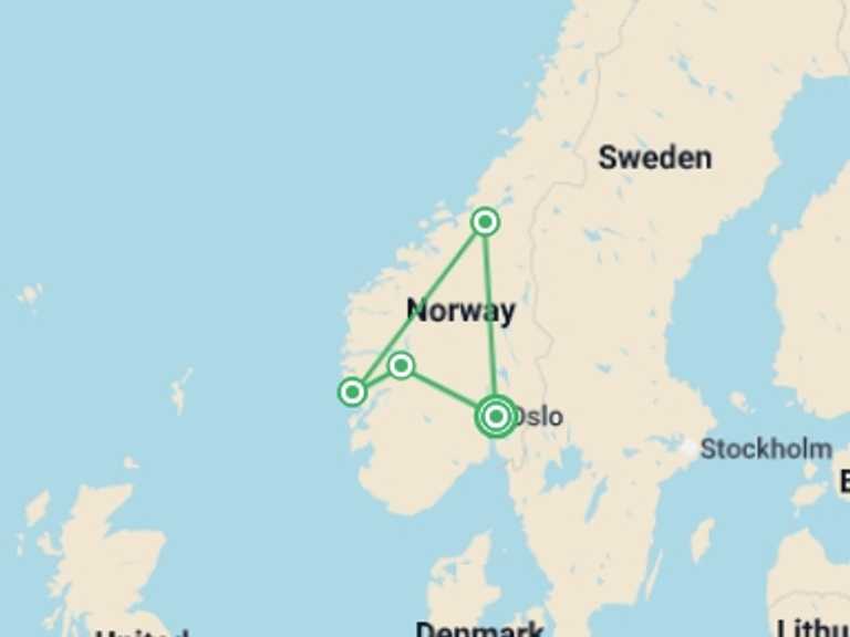 Map of Scandinavia Trekking and Hiking Tour with 4 destination visits for the trip: Spectacular Norwegian Fjords with Cruise Experience