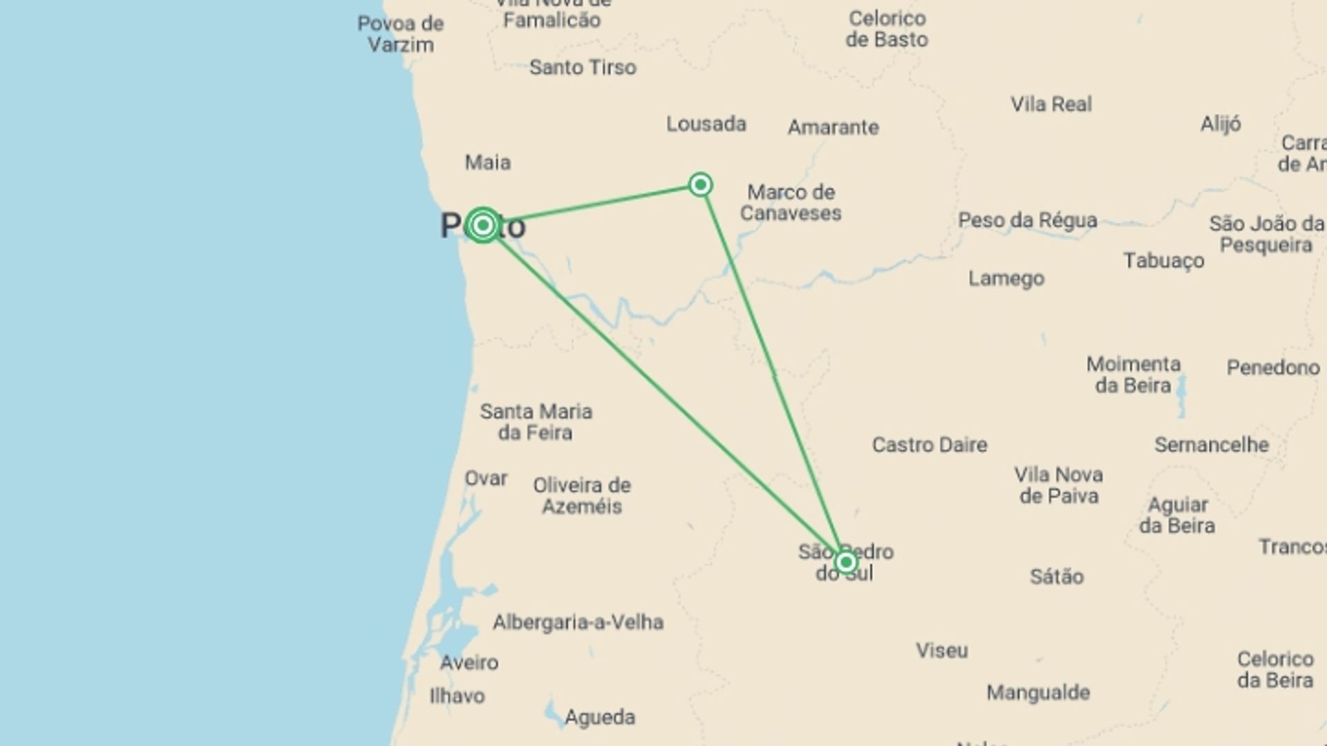 A map showing the tour itinerary for the trip: The Healing Waters Of The North Portugal, Self-drive, starting in Porto, Portugal and ending in Porto, Portugal going through 2 other destinations.