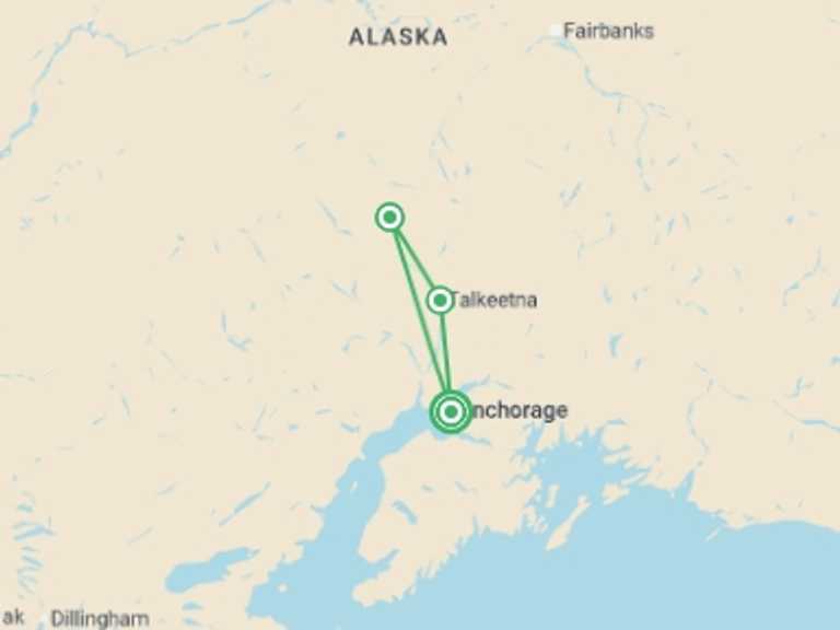 Map itinerary of USA Tour in July 2027 with 3 destination visits for the trip: Alaska Discovery