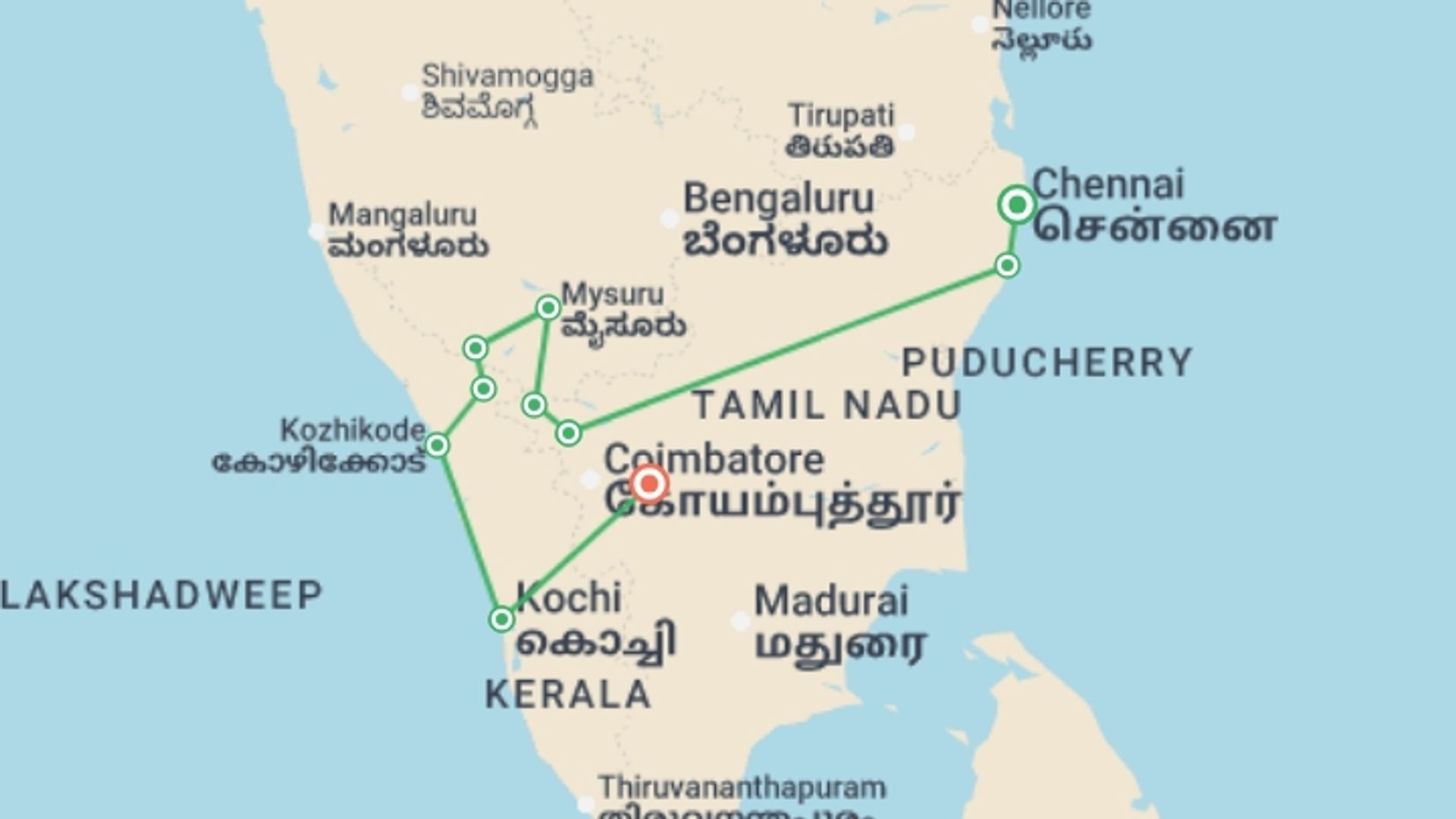 A map showing the tour itinerary for the trip: Great Southern Getaway - 15 days, starting in Chennai, India and ending in Kerala & Tamil Nadu, India going through 8 other destinations.