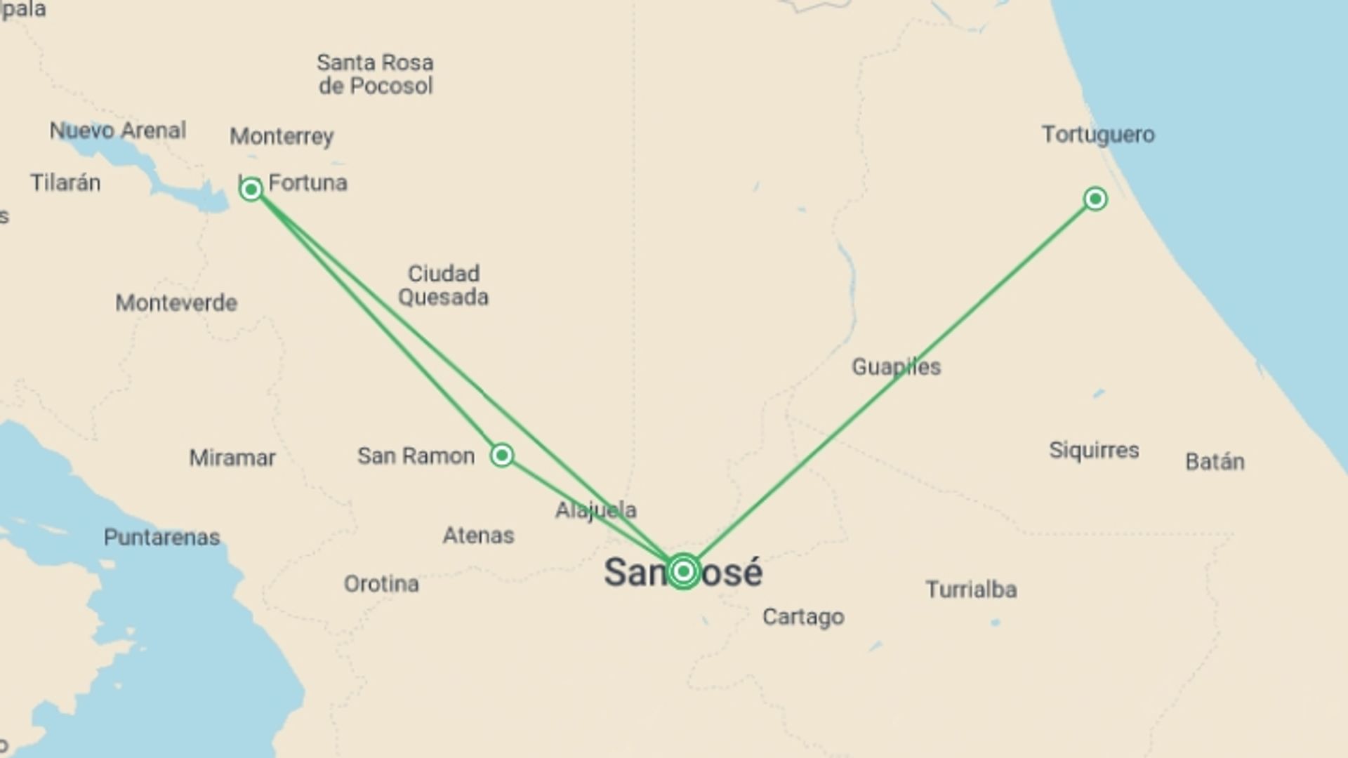 A map showing the tour itinerary for the trip: Tropical Costa Rica 5 Days, Short Break, starting in San Jose, Costa Rica and ending in San Jose, Costa Rica going through 2 other destinations.
