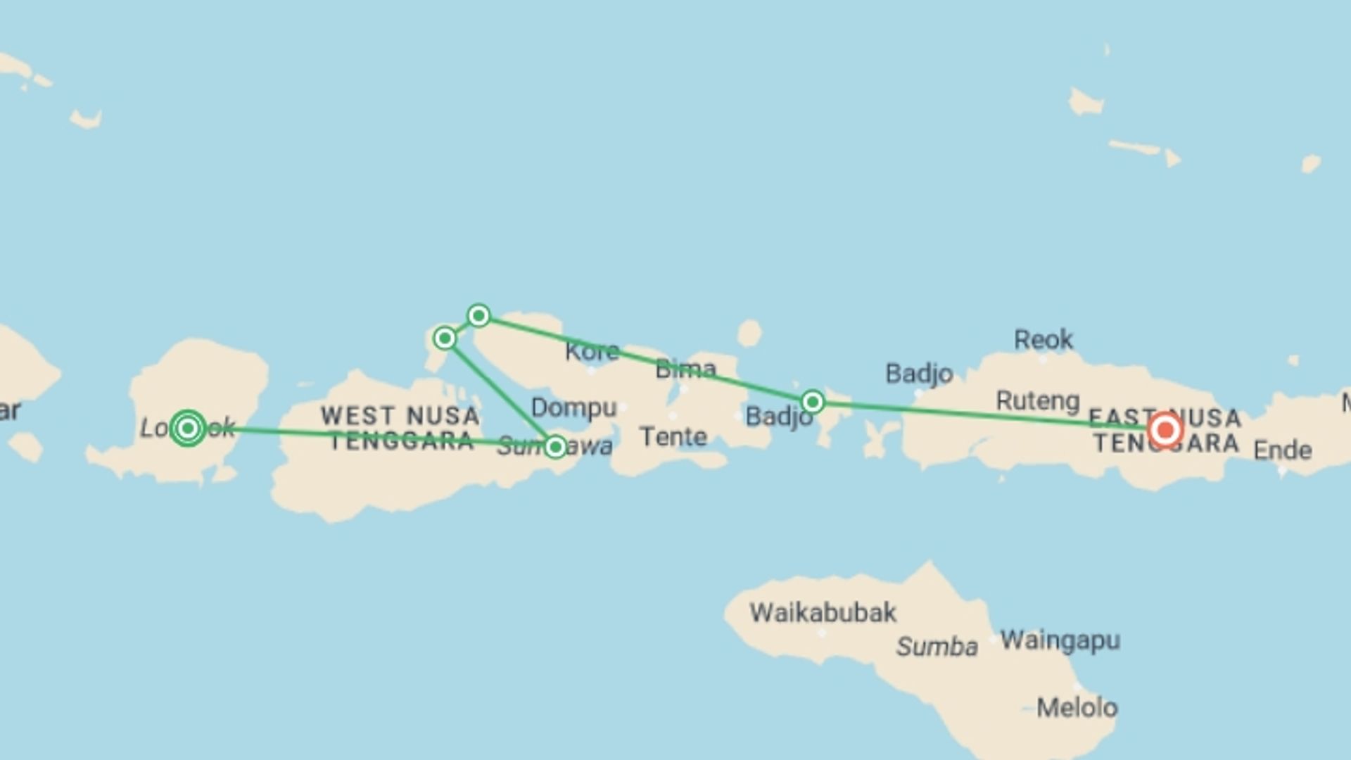 A map showing the tour itinerary for the trip: Komodo Island Hopper, starting in Lombok, Indonesia and ending in Flores Island, Indonesia going through 6 other destinations.