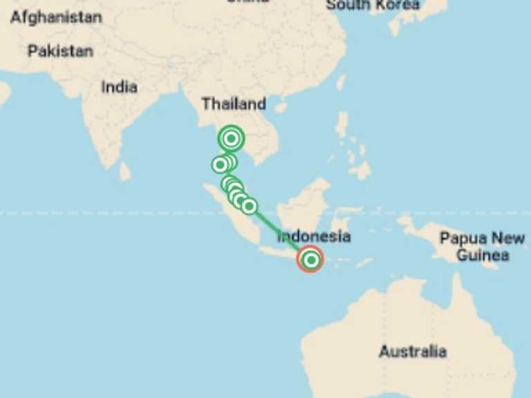 Map itinerary of Asia Tour in Winter with 16 destination visits for the trip: Bangkok to Bali: Southeast Asia Unfiltered