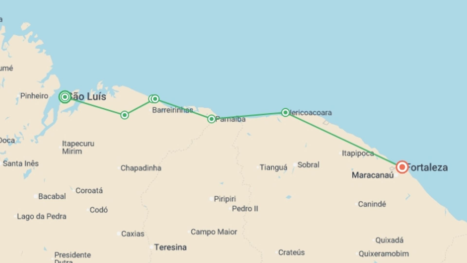 A map showing the tour itinerary for the trip: Best of Northeast Brazil - 8 days, starting in São Luís, Brazil and ending in Fortaleza, Brazil going through 4 other destinations.