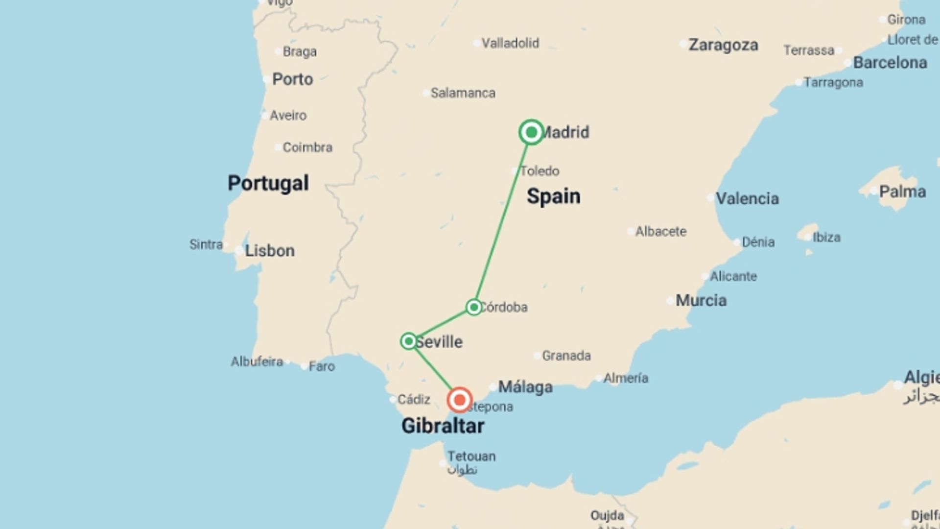 A map showing the tour itinerary for the trip: Madrid & Cordoba to Costa del Sol - 3 days, starting in Madrid, Spain and ending in Costa del Sol, Spain going through 1 other destinations.