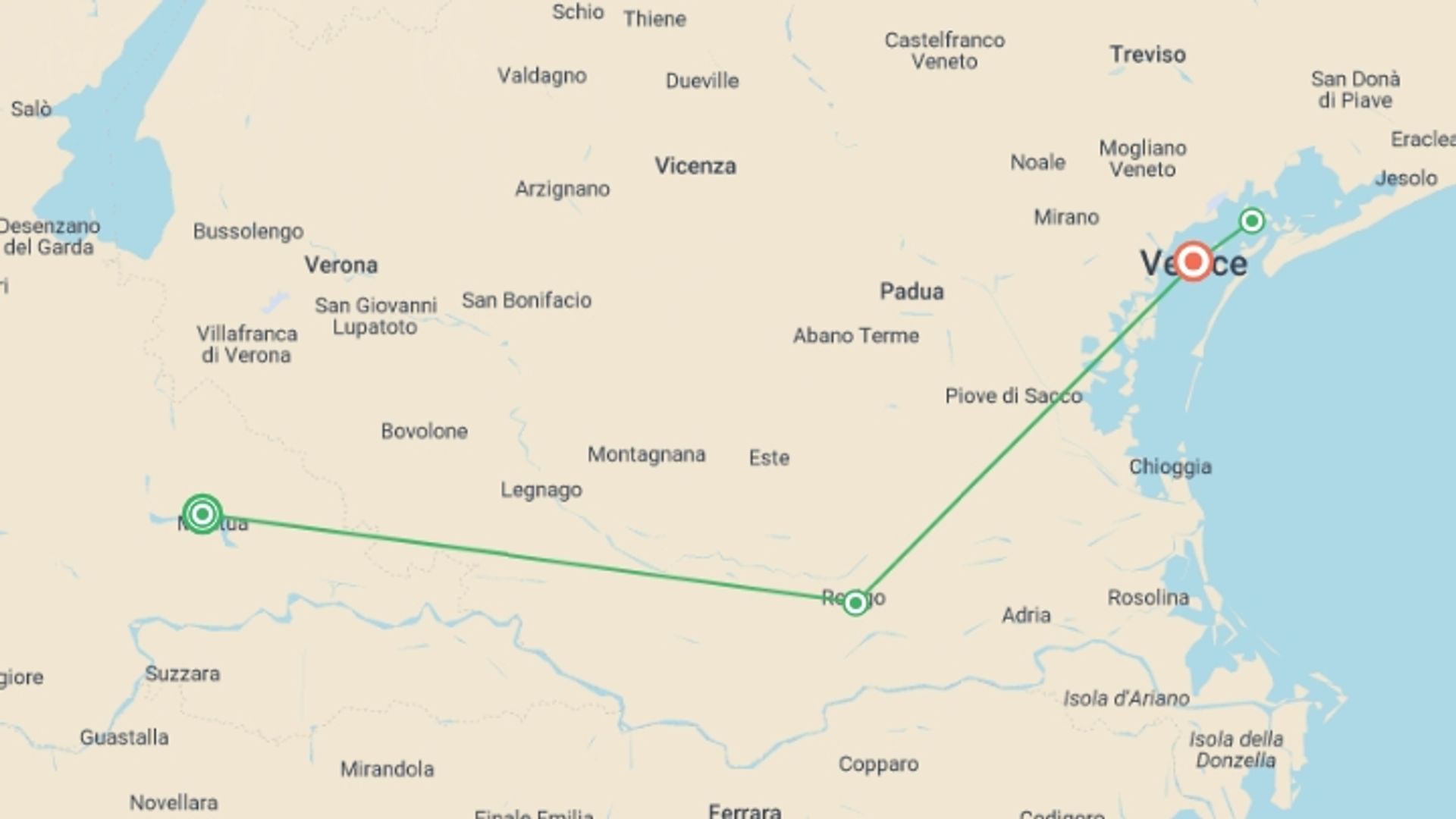A map showing the tour itinerary for the trip: From Renaissance-infused Mantua to the Canals of Venice, starting in Mantua, Italy and ending in Venice, Italy going through 1 other destinations.