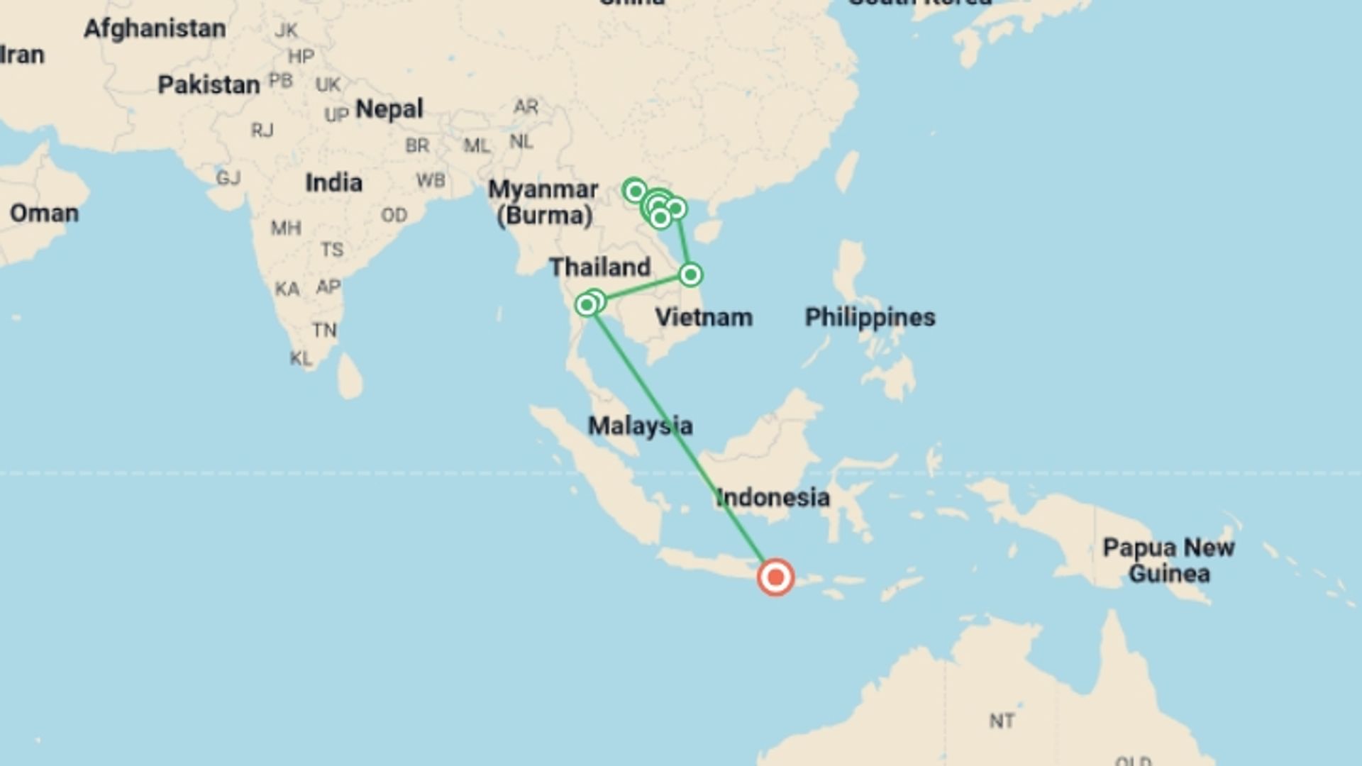 A map showing the tour itinerary for the trip: Spirit of Southeast Asia - 16 days, starting in Hanoi, Vietnam and ending in Bali, Indonesia going through 8 other destinations.