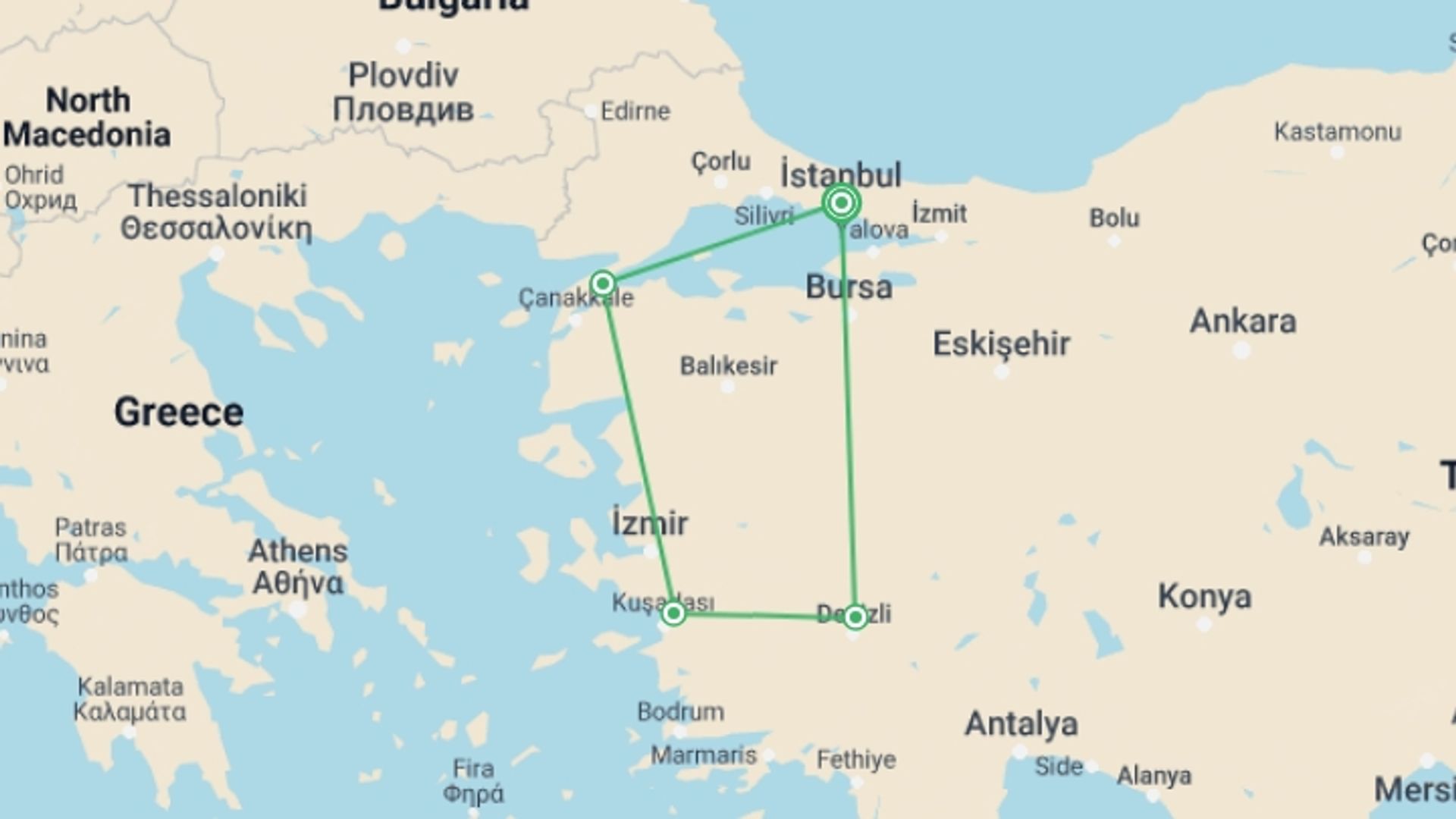 A map showing the tour itinerary for the trip: Taste of Turkey, starting in Cape Town, South Africa and ending in Cape Town, South Africa going through 4 other destinations.