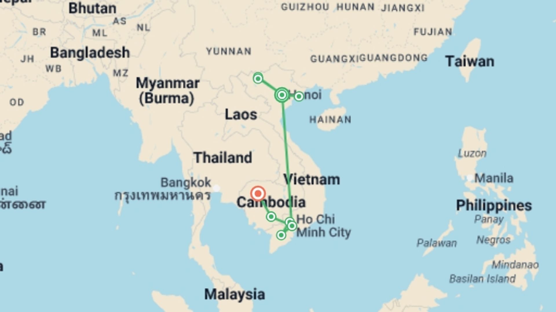 A map showing the tour itinerary for the trip: Vietnam & Cambodia Adventure - 15 days, starting in Hanoi, Vietnam and ending in Siem Reap, Cambodia going through 7 other destinations.