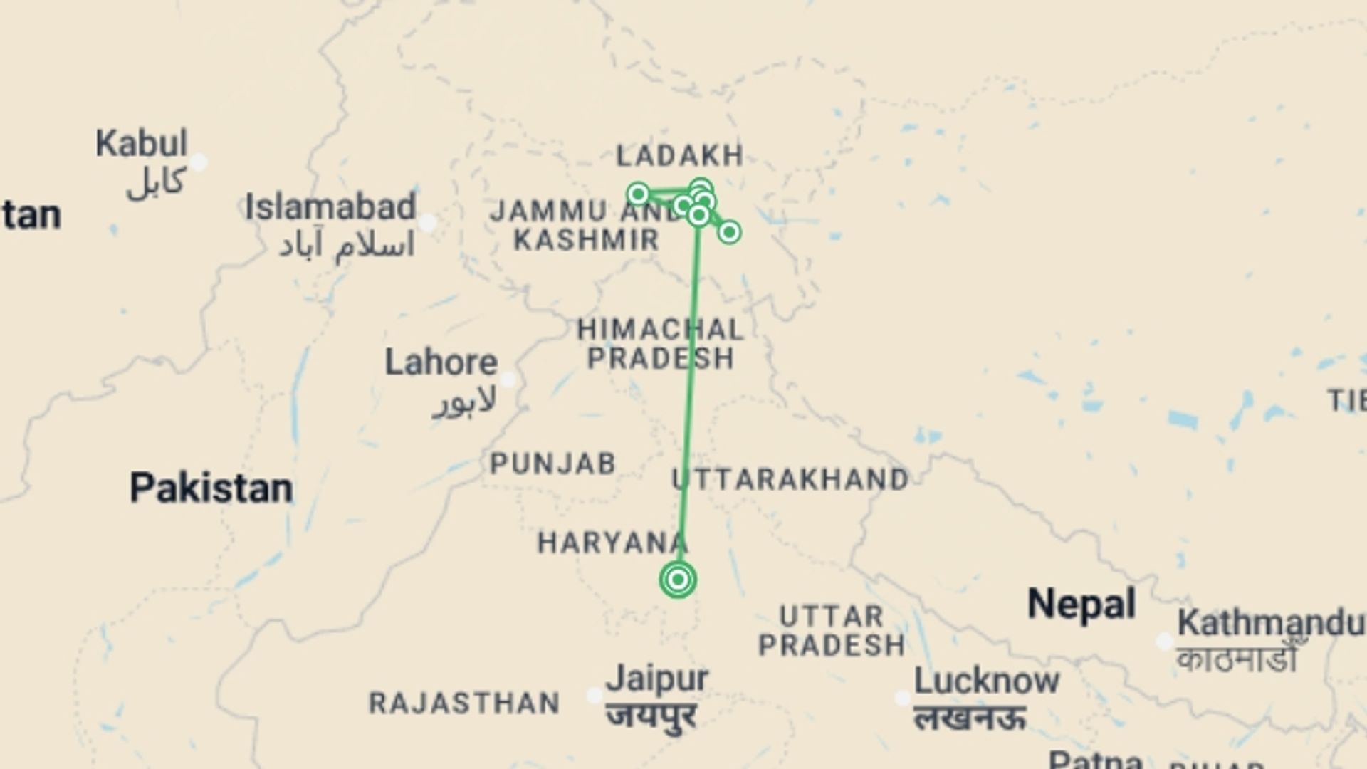 A map showing the tour itinerary for the trip: Peaks of Ladakh Trek, starting in New Delhi, India and ending in New Delhi, India going through 7 other destinations.