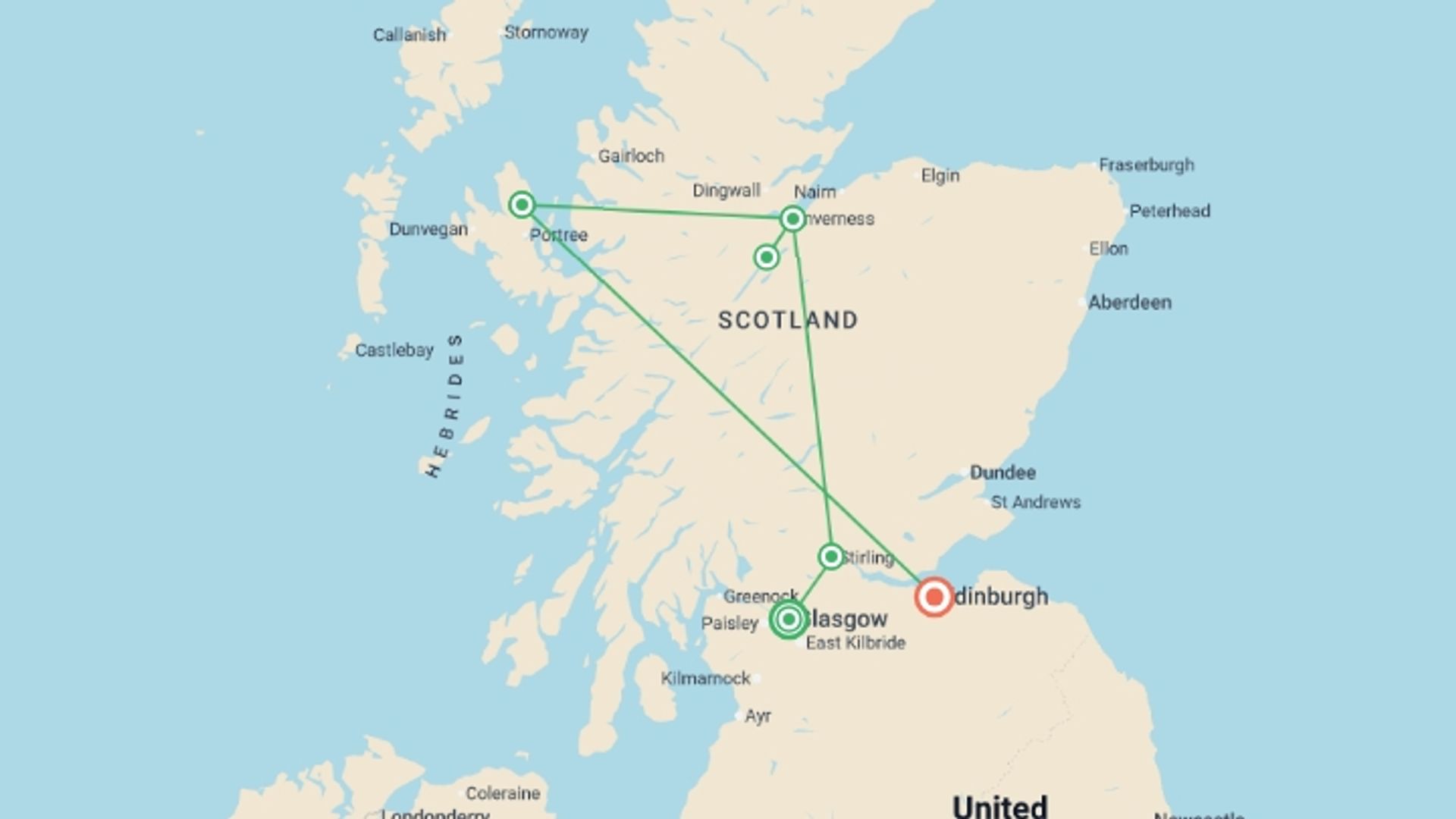 A map showing the tour itinerary for the trip: The Grand Scottish Rail Odyssey, starting in Glasgow, Scotland and ending in Edinburgh, Scotland going through 3 other destinations.