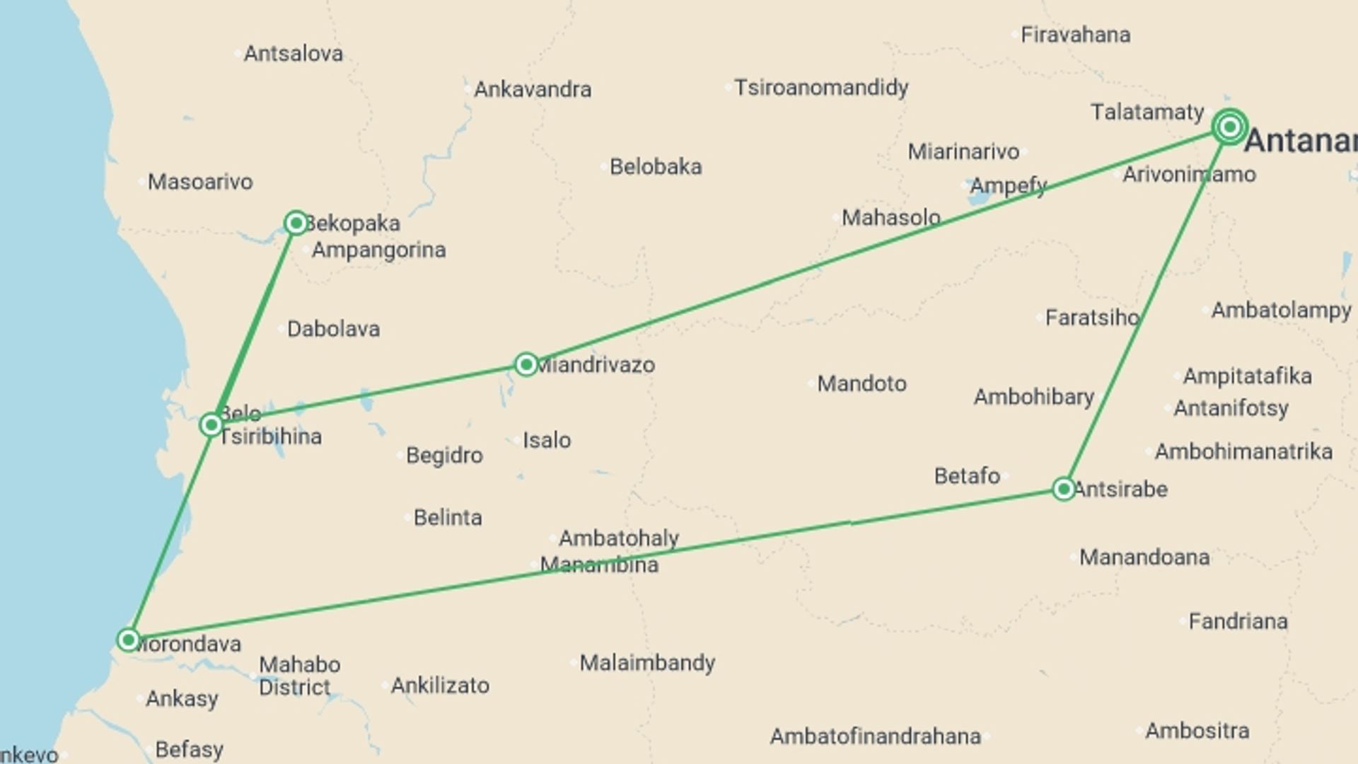 A map showing the tour itinerary for the trip: Madagascar Baobabs & Beyond, starting in Antananarivo, Madagascar and ending in Antananarivo, Madagascar going through 5 other destinations.