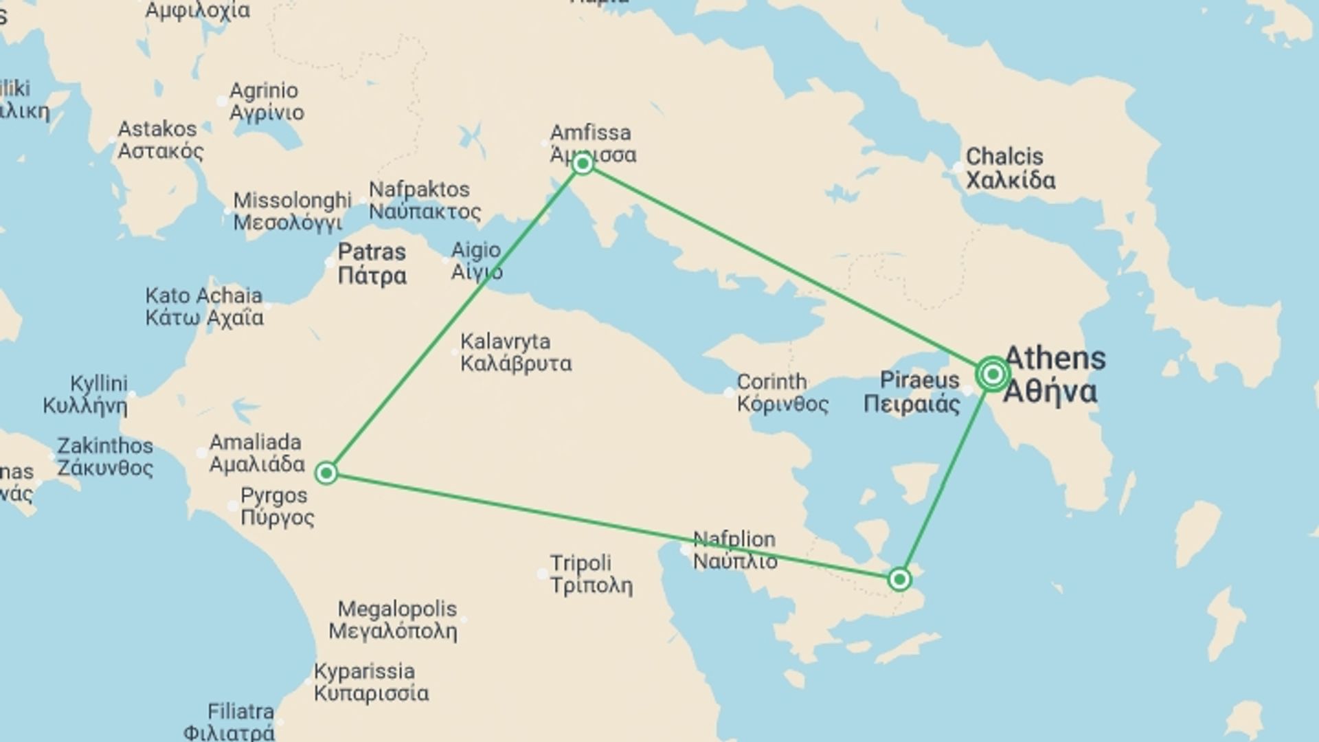 A map showing the tour itinerary for the trip: Greece Family Holiday, starting in Athens, Greece and ending in Athens, Greece going through 3 other destinations.