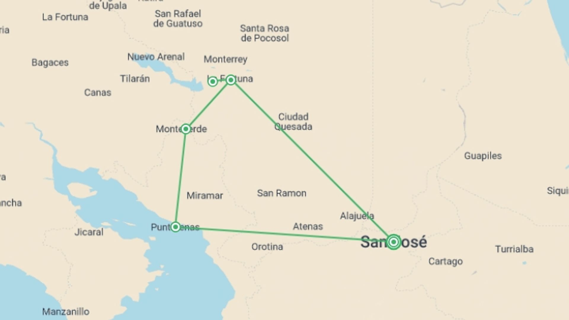 A map showing the tour itinerary for the trip: Beaches & Nature Adventure 8D/7N, starting in San Jose, Costa Rica and ending in San Jose, Costa Rica going through 3 other destinations.