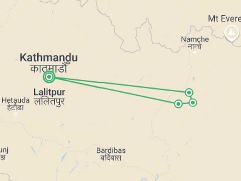 Map itinerary of Kathmandu Tour in April 2026 with 4 destination visits for the trip: Everest All Mountain