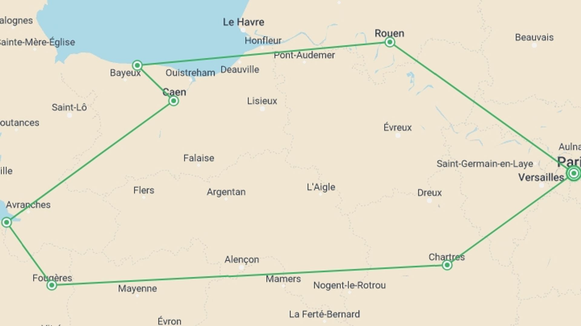 A map showing the tour itinerary for the trip: Brittany and Normandy, starting in Paris, France and ending in Paris, France going through 1 other destinations.