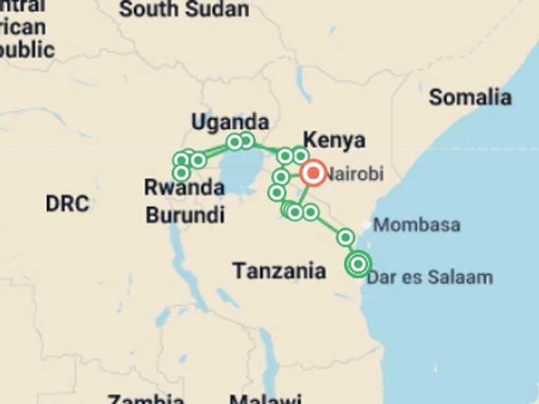 Map itinerary of Zanzibar Tour in October 2027 with 18 destination visits for the trip: Beaches, Game Parks & Gorillas