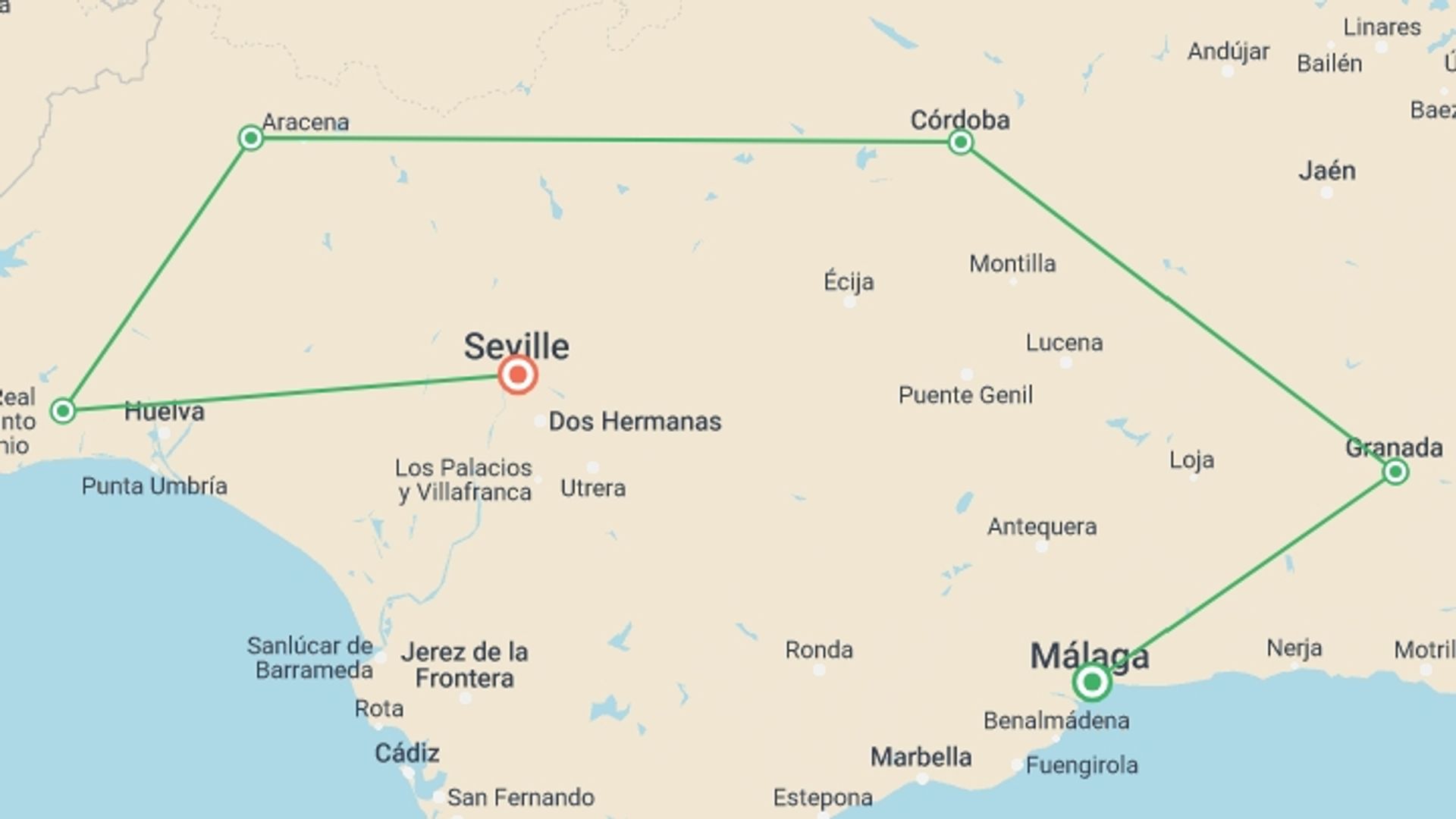 A map showing the tour itinerary for the trip: Highlights of Andalucia, starting in Malaga, Spain and ending in Seville, Spain going through 4 other destinations.