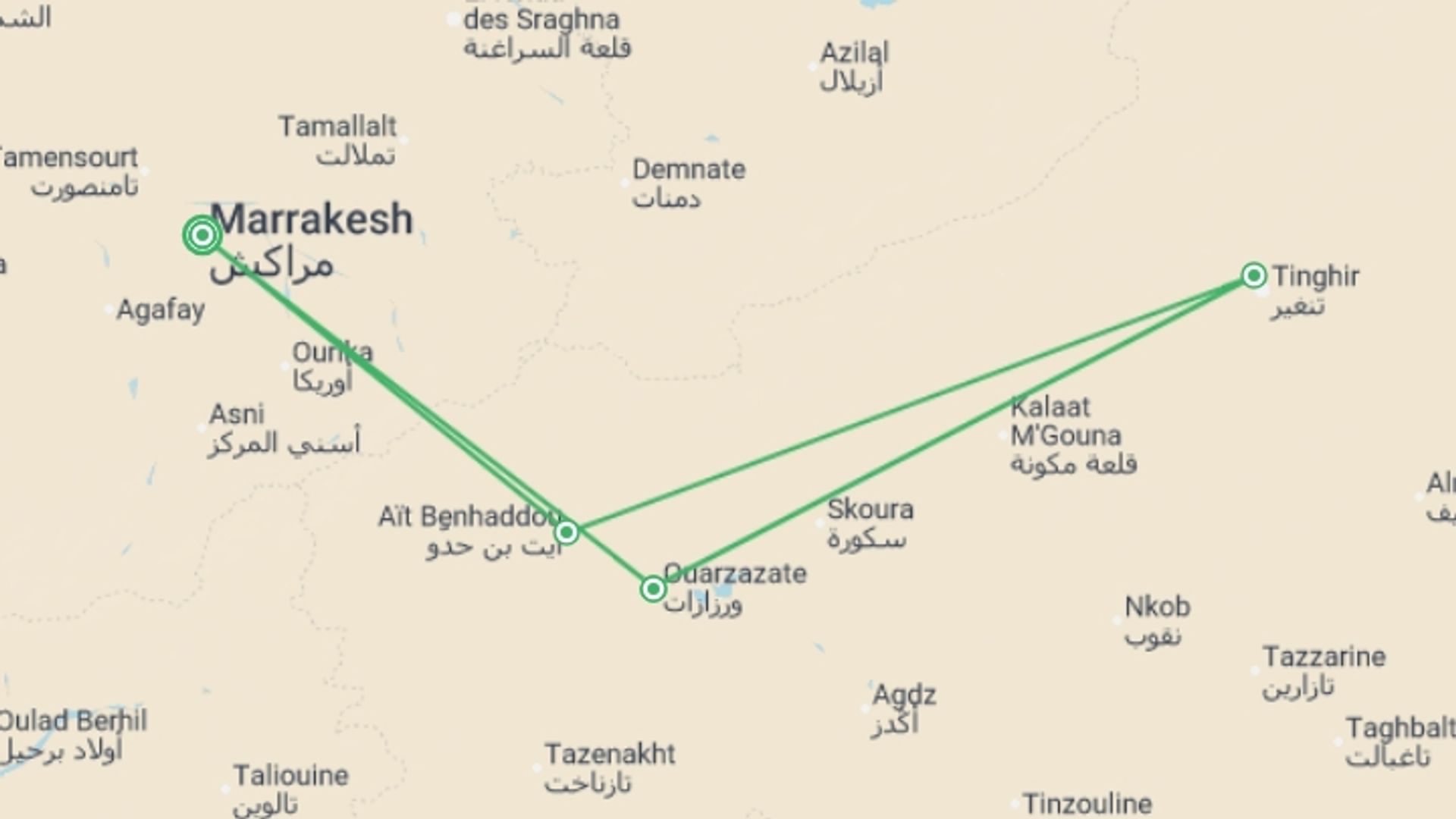 A map showing the tour itinerary for the trip: MARRAKECH to MARRAKECH (8 days) Marrakech and Saha, starting in Marrakech, Morocco and ending in Marrakech, Morocco going through 3 other destinations.