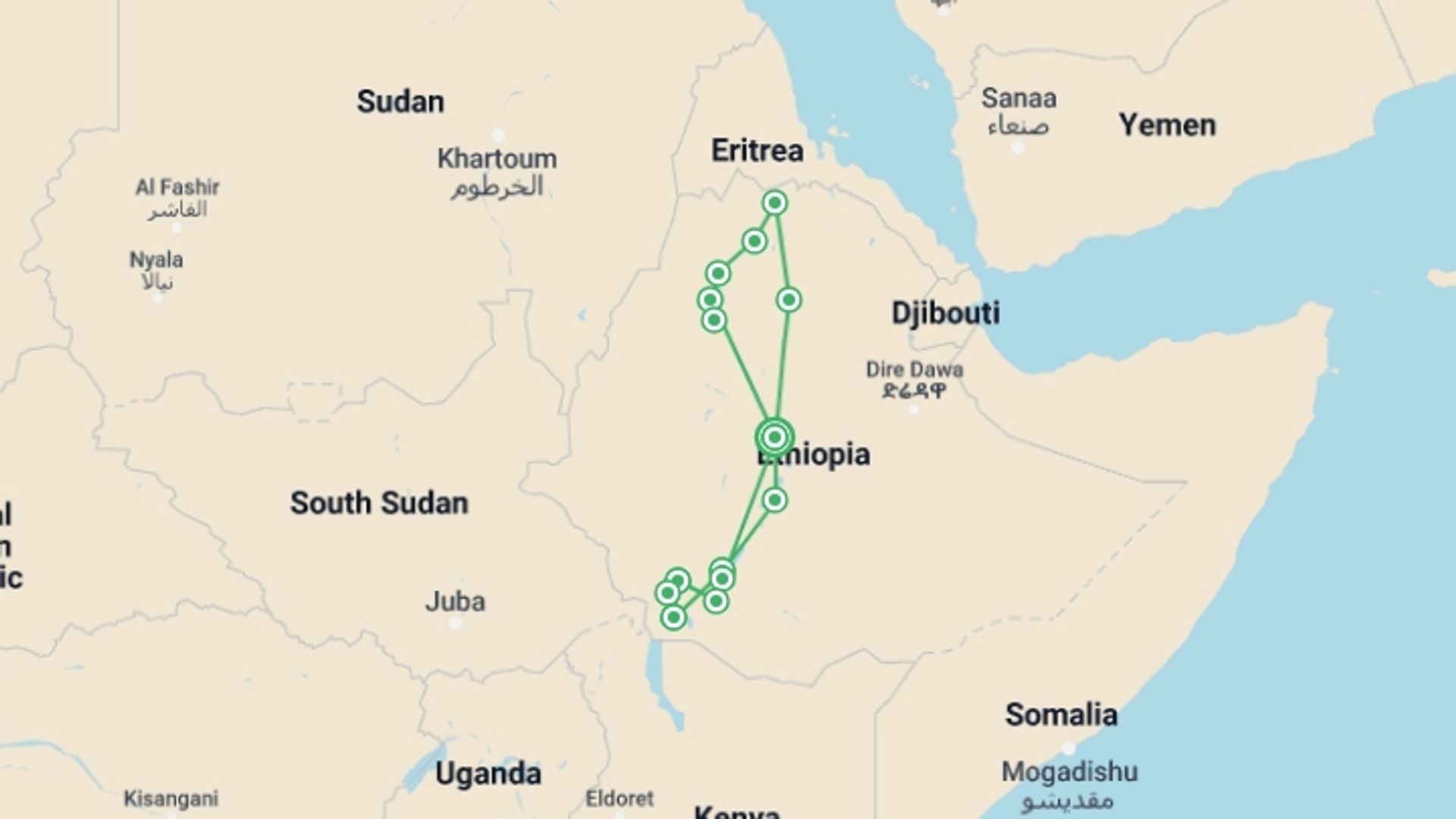 A map showing the tour itinerary for the trip: Best of Ethiopia, starting in Addis Ababa, Ethiopia and ending in Addis Ababa, Ethiopia going through 11 other destinations.