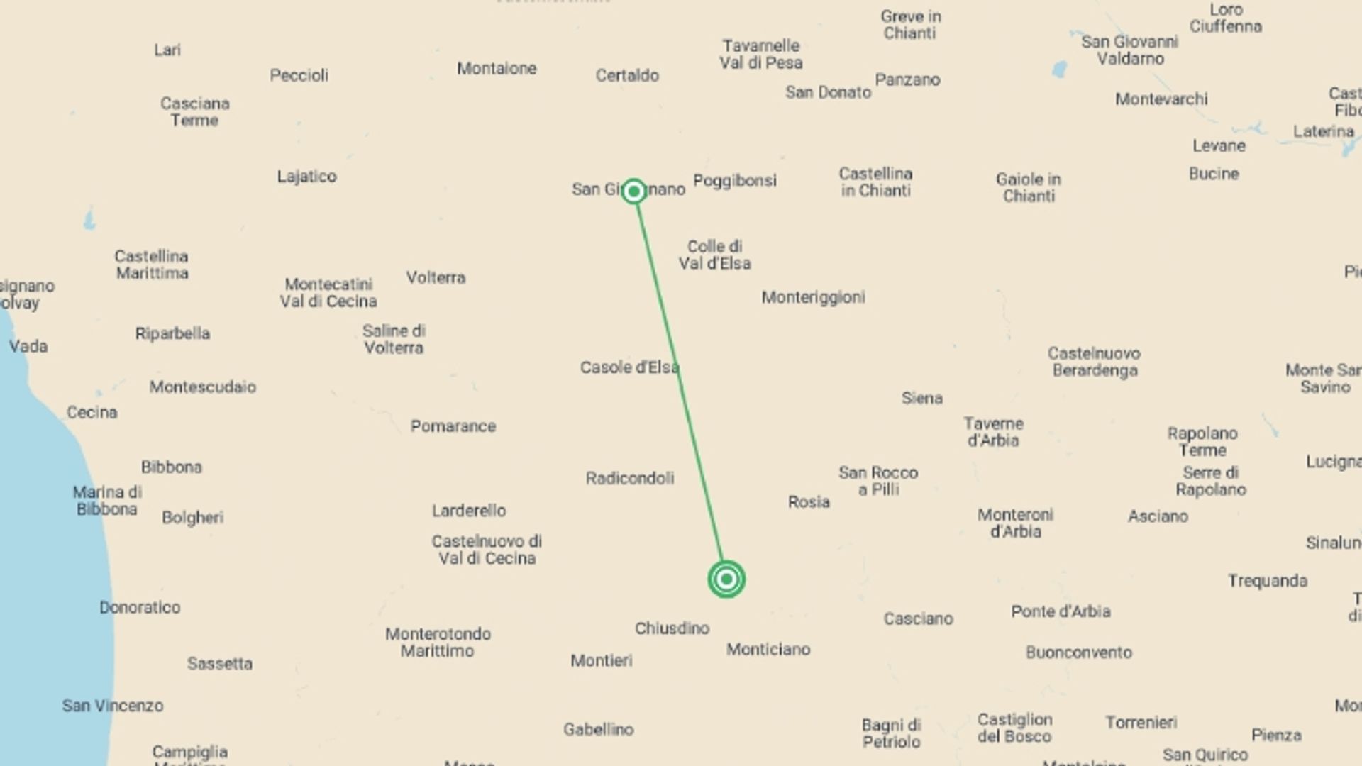A map showing the tour itinerary for the trip: Timeless Tuscany: A Tuscan Villa Experience, starting in Tuscany, Italy and ending in Tuscany, Italy going through 1 other destinations.