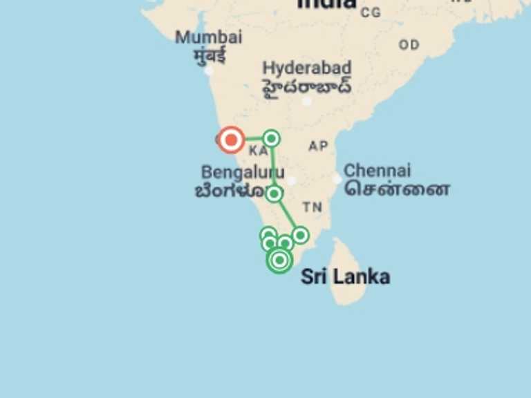 Map itinerary of India Tour in September 2027 with 9 destination visits for the trip: South India Revealed