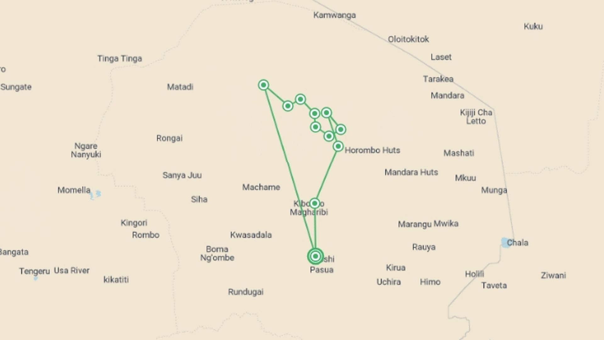 A map showing the tour itinerary for the trip: Mt. Kilimanjaro Lemosho route 10 days - start at 3,500m, starting in Moshi, Tanzania and ending in Moshi, Tanzania going through 10 other destinations.