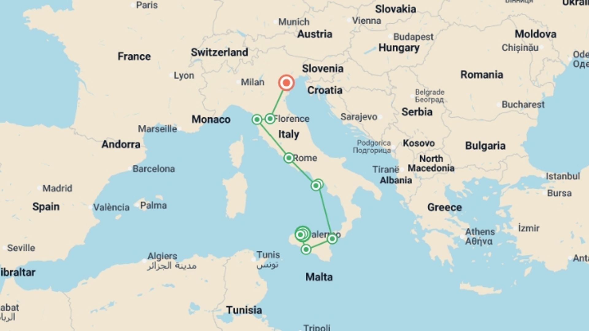 A map showing the tour itinerary for the trip: Best of Italy and Sicily, starting in Palermo, Italy and ending in Venice, Italy going through 9 other destinations.