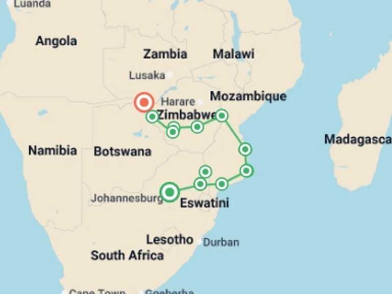 Map of Pretoria Explorer Tour with 13 destination visits for the trip: 14-day Mozambique and Zimbabwe Explorer Camping
