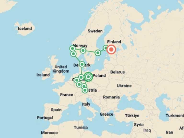 Map of Europe Tour with 13 destination visits for the trip: Germany and Scandinavia end Helsinki