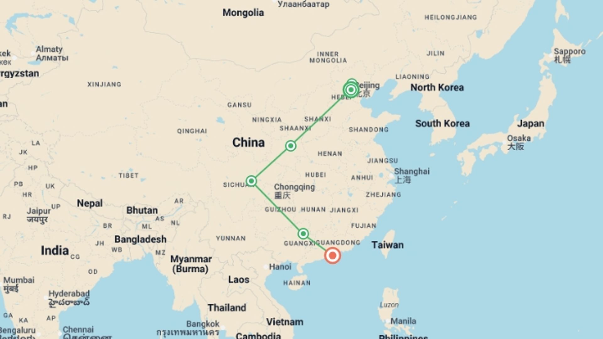 A map showing the tour itinerary for the trip: Real China, starting in Beijing, China and ending in Hong Kong, Hong Kong going through 4 other destinations.