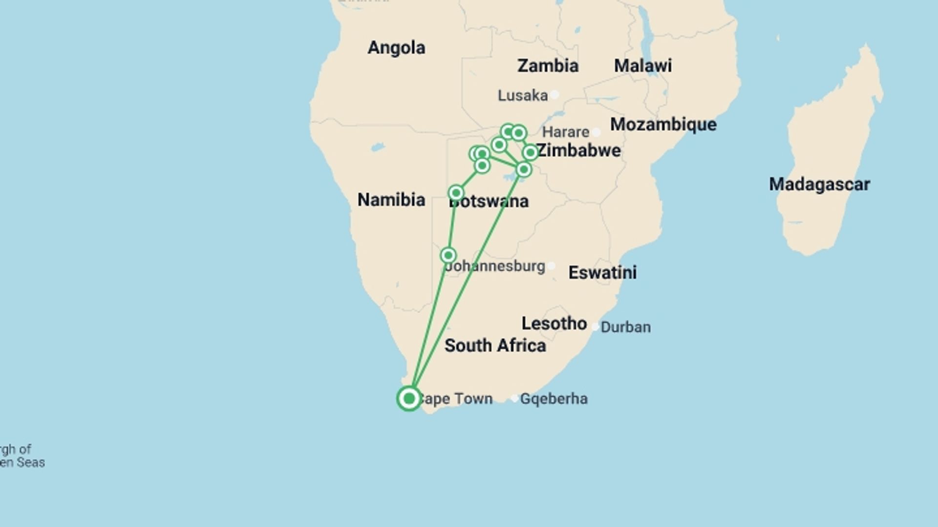 A map showing the tour itinerary for the trip: Wildlife & Waterfalls - 2026, starting in Cape Town, South Africa and ending in Cape Town, South Africa going through 10 other destinations.