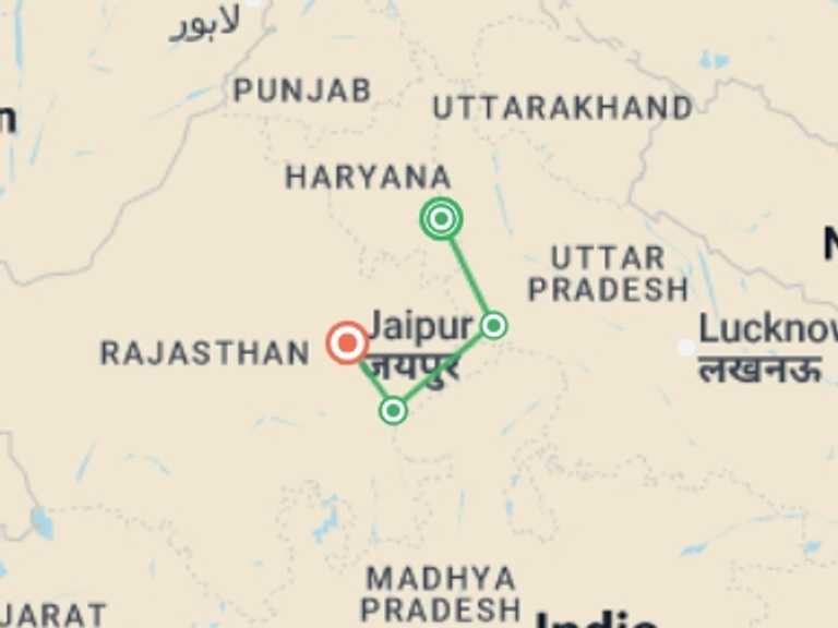 Map itinerary of Asia Tour in Fall with 4 destination visits for the trip: Delhi to Jaipur & Tigers - 8 days
