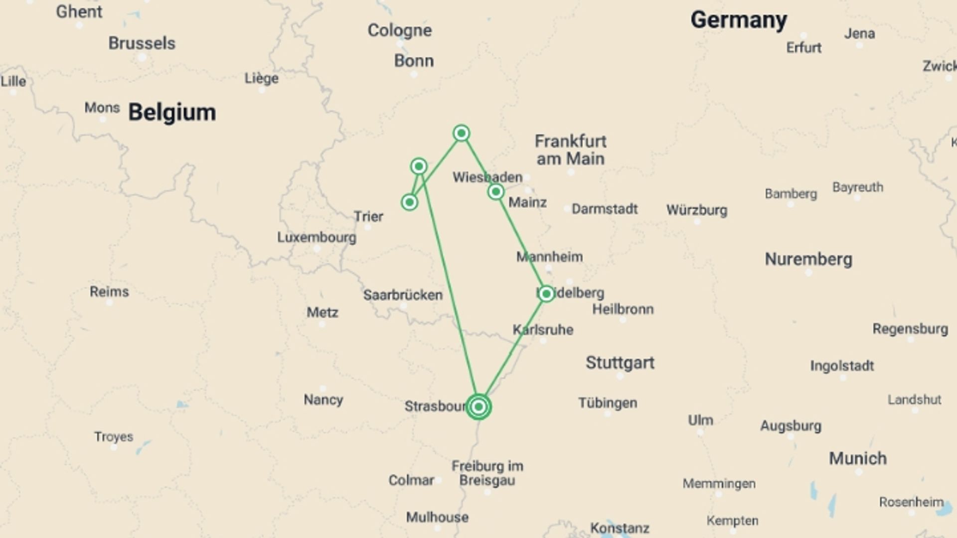 A map showing the tour itinerary for the trip: New Year on the romantic Rhine and the picturesque Moselle (port-to-port cruise), starting in Strasbourg, France and ending in Strasbourg, France going through 6 other destinations.