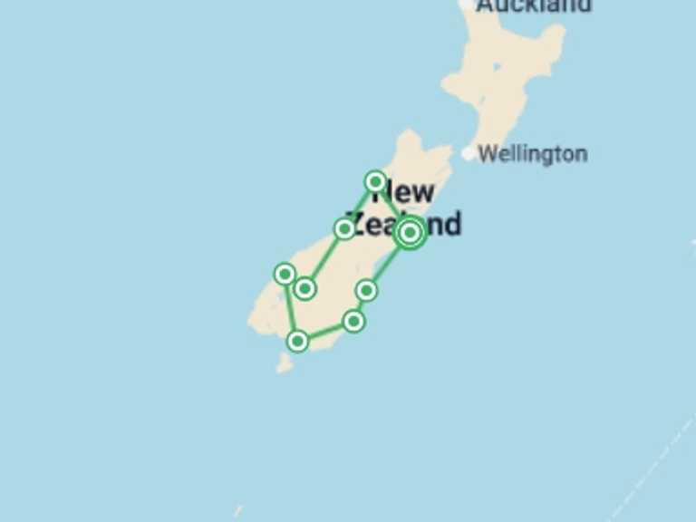 Map of Oceania Tour with 8 destination visits for the trip: South Island Grand Discovery - 14 days