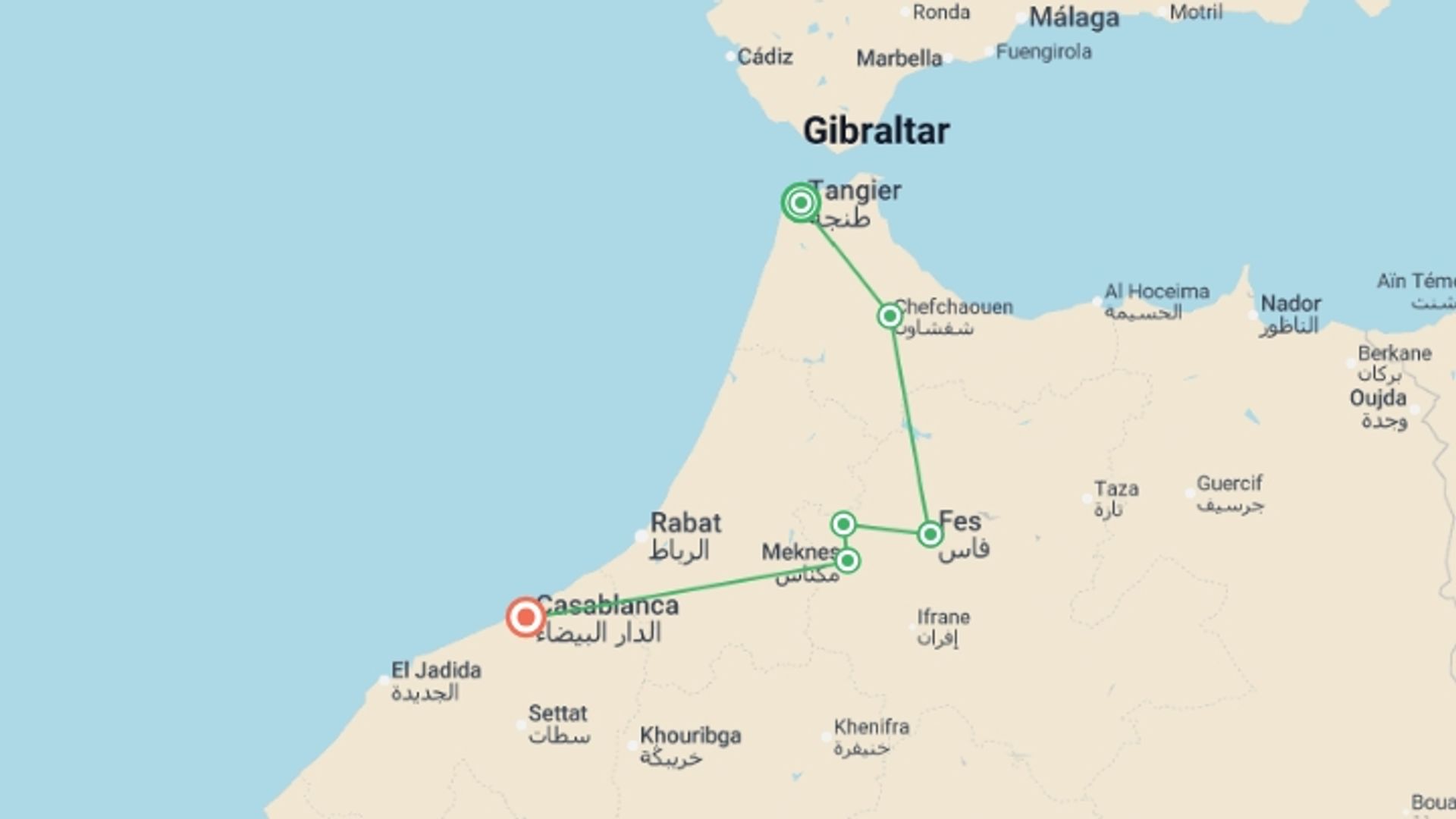 A map showing the tour itinerary for the trip: Tangier to Casablanca - 6 days, starting in Tangier, Morocco and ending in Casablanca, Morocco going through 2 other destinations.