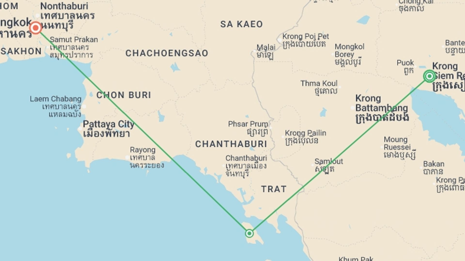 A map showing the tour itinerary for the trip: Cambodia & Thailand: Angkor Wat, Koh Chang & Cardamom Mountain Adventure, starting in Siem Reap, Cambodia and ending in Bangkok, Thailand going through 1 other destinations.