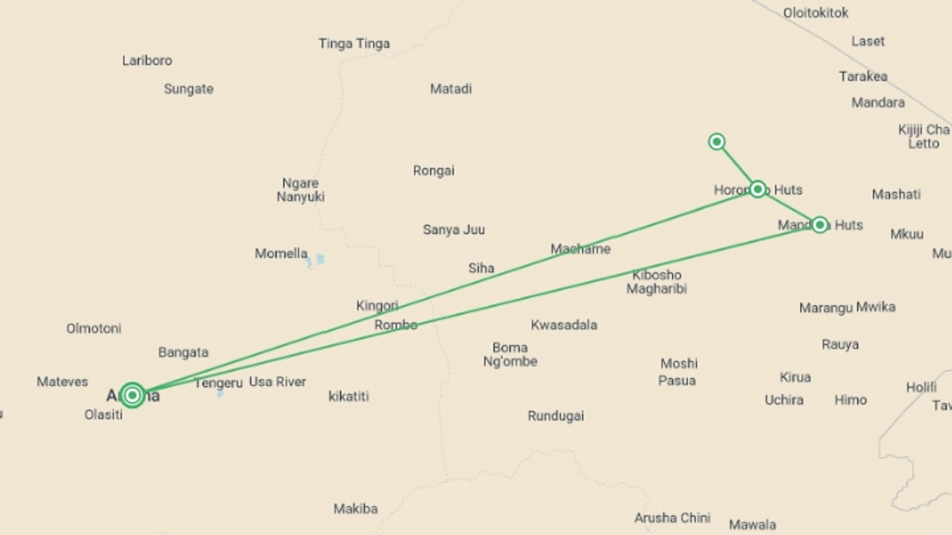 A map showing the tour itinerary for the trip: Kilimanjaro Climb: 6 Days Marangu Route, starting in Arusha, Tanzania and ending in Arusha, Tanzania going through 4 other destinations.